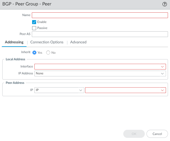 BGP Peer configuration - Addressing tab (Inherit Yes).